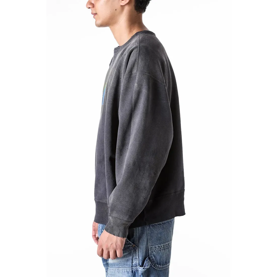 SAINT Mxxxxxx CREW NECK SWT SHIRTS 'RAINBOW SNT'/BLK Rainbow SAINT destruction sweatshirt, washed black S-XL Assute dyeing, genuine whole garment sprayed with horsetail fading process, collar/cuffs frayed in many places, front and rear panels/sleeves super complicated hanging grinding, heavy washing and water discoloration, correct fruit mark/angel mark